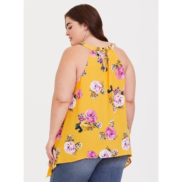 Torrid Top Size 2 2X Georgette High Neck Tank Yellow Pink Floral Asymmetrical - Picture 11 of 12
